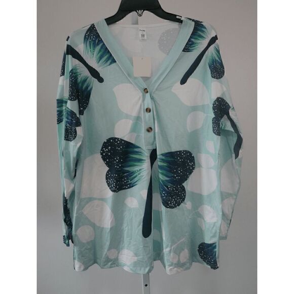 Women's Green Dragonfly Button-Front V-Neck Tunic 1X #1971-D4 - Picture 2 of 7